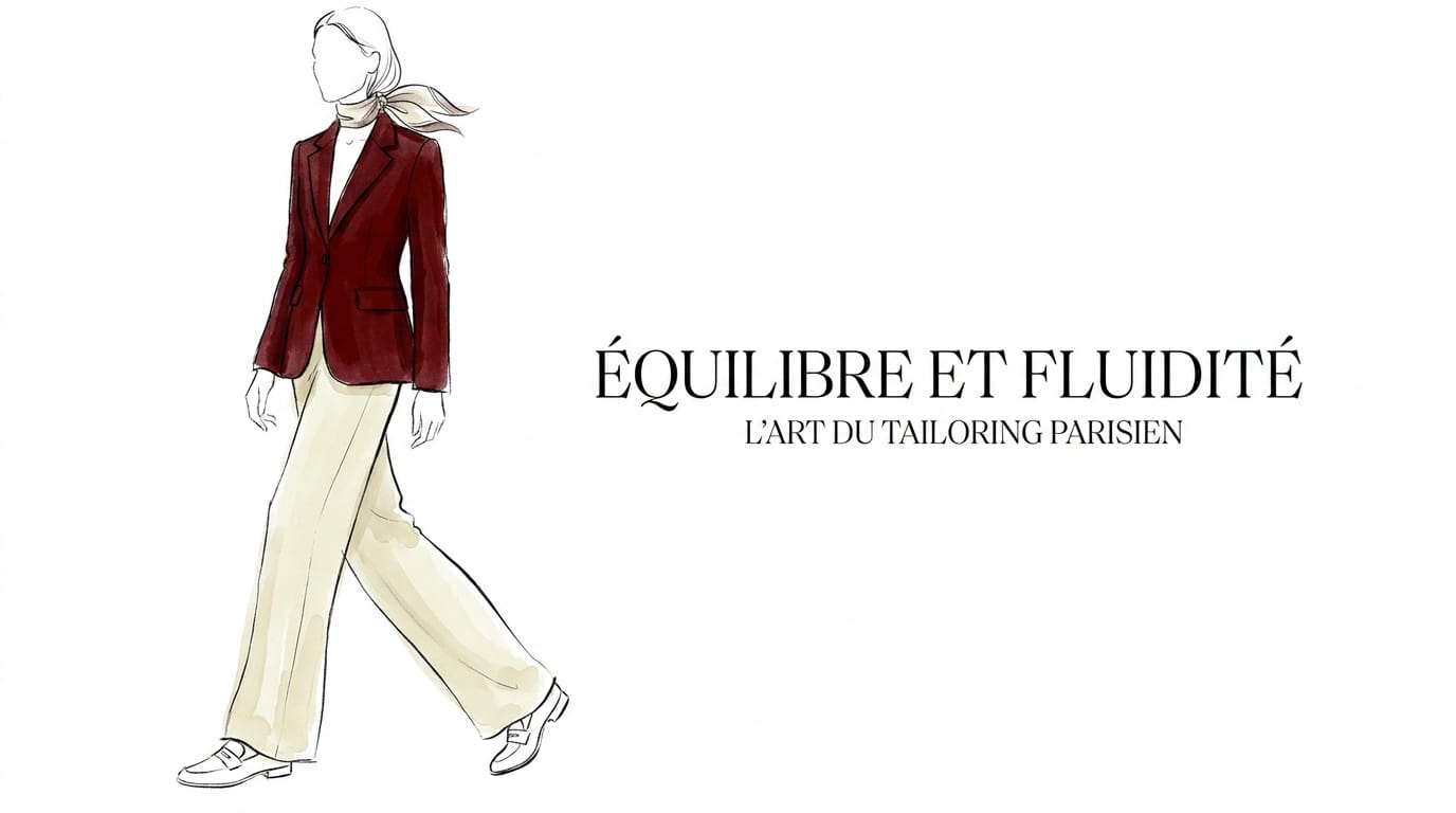 Femme élégante portant un blazer structuré et un pantalon fluide illustrant le style parisien