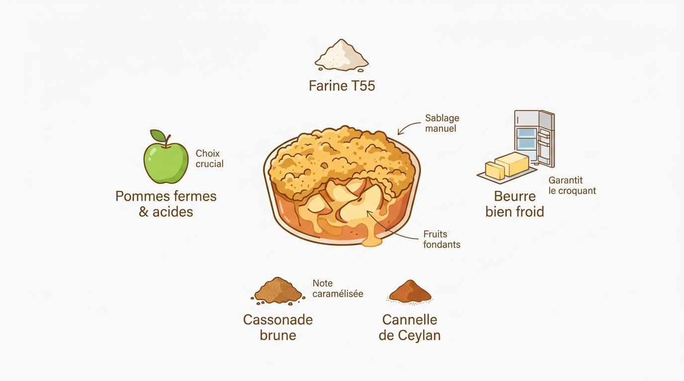 Ingrédients frais pour préparer un crumble aux pommes maison avec beurre et cannelle