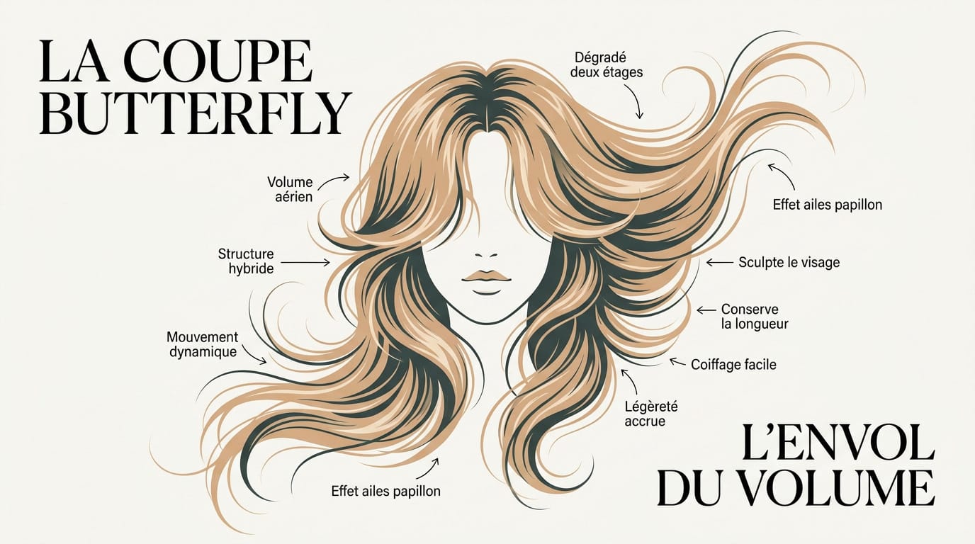 Femme avec une coupe de cheveux butterfly volumineuse et aérienne