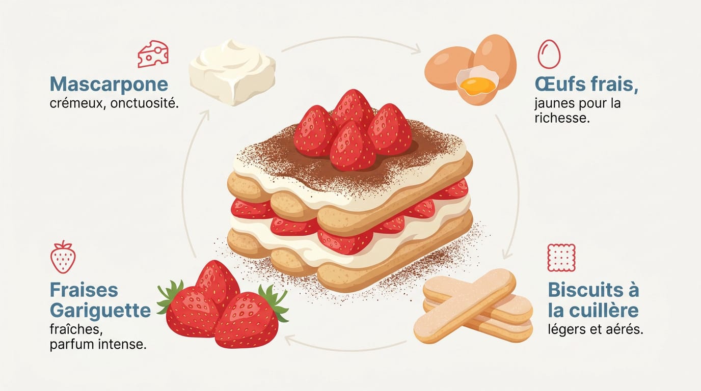 Ingrédients frais pour tiramisu aux fraises avec mascarpone et œufs