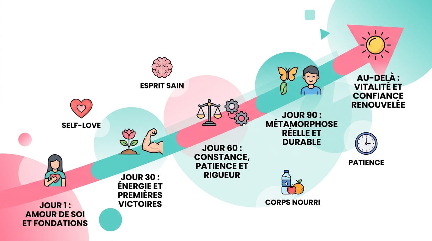 Femme épanouie célébrant sa transformation physique positive après 90 jours